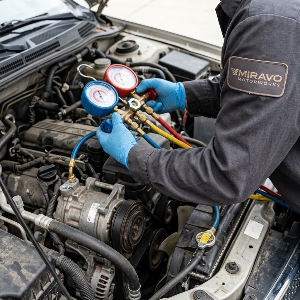 AC gauges connected during a refrigerant check