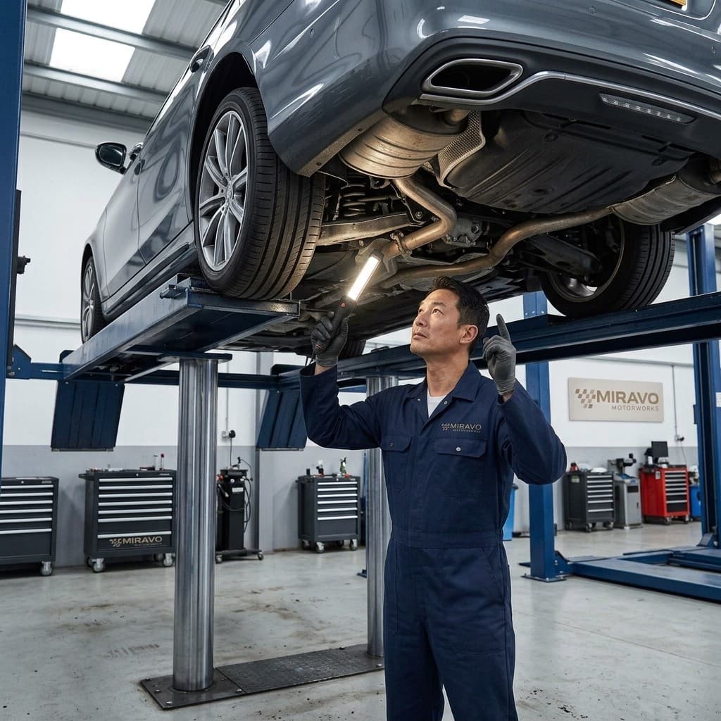 A car raised on a workshop ramp for servicing